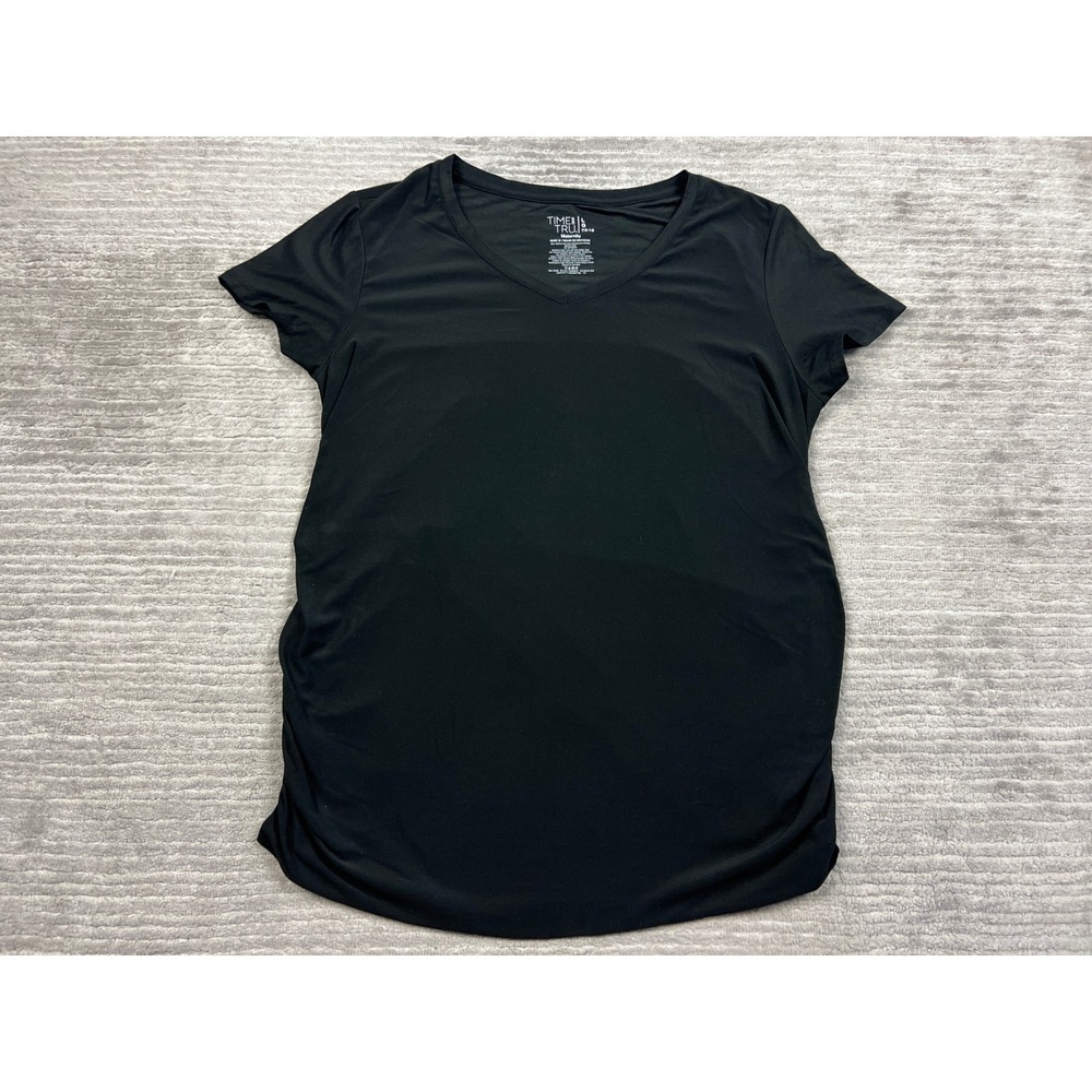 Time and Tru Maternity Top Women L Black V-Neck Side Ruched Short Sleeve Tee